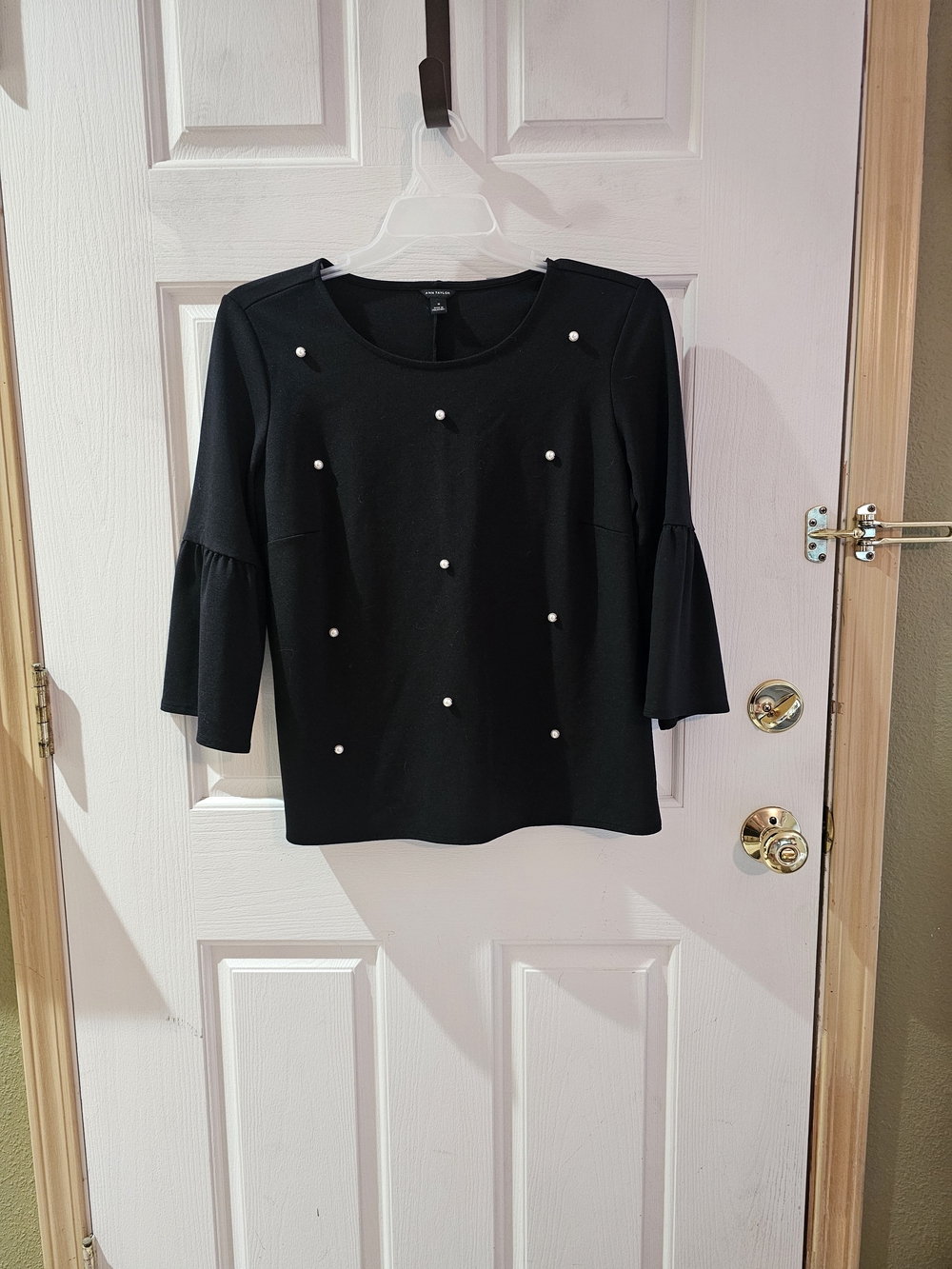 Ann Taylor Black Pearl-Accent Bell Sleeve Blouse